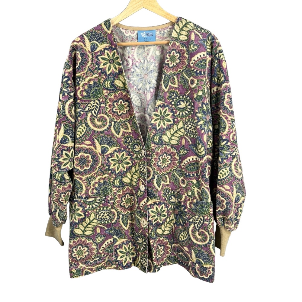 Vintage White Swan Floral Scrub Jacket Cardigan Women’s L Button Front Retro 90s